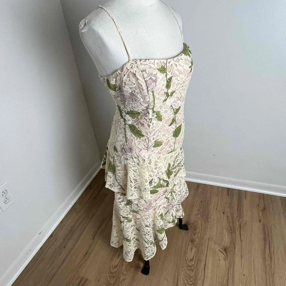 NWT Alex Marie Fairycore Pink Green Floral Lace Ruffle Sheath Midi Dress Size 14